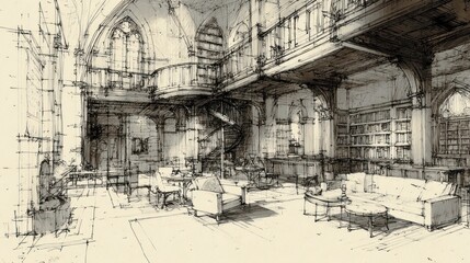 Fototapeta premium Architectural sketch interior library room