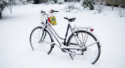 A vintage bicycle covered in fresh snow with a gift hanging from the handlebars during a winter day
