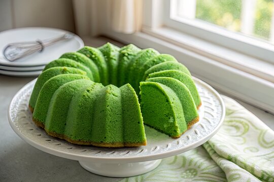 Vibrant green bundt cake on a decorative plate near a sunny window with kitchenware visible