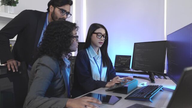 A senior tech lead or manager mentoring a diverse team of junior developers in a modern office. Concept for project management, corporate training, and professional growth.
