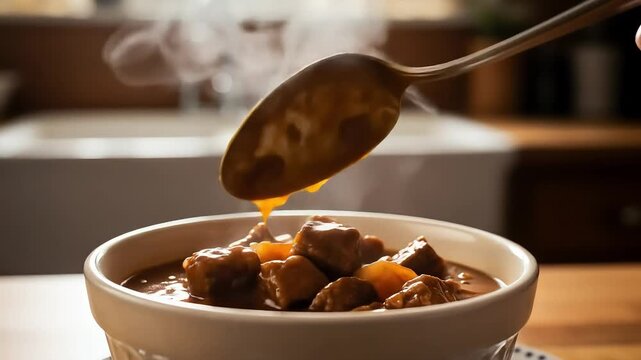 Warm Steaming Beef Stew A Cozy Kitchen Scene.