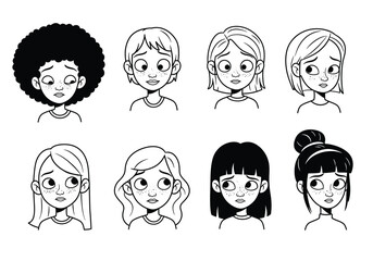 Funny angry silly Cartoon Faces and People Character Illustration Set. Expressions. Drawing black and white