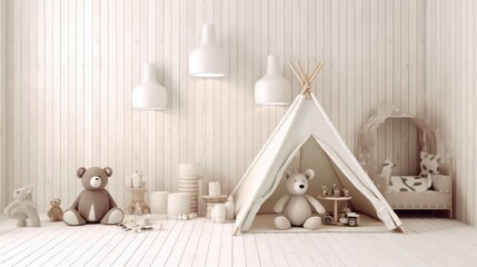 A child's playroom with a teepee tent, teddy bears, and white wooden plank walls and floor