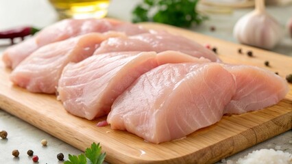 Close Up of Raw Chicken Breast Fillets on Wooden Cutting Board with Sharp Detail and Fresh Look