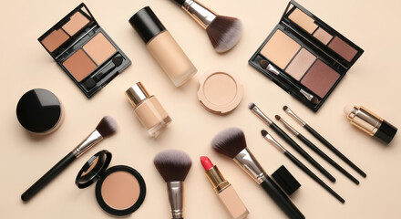 Obraz premium Collection of makeup products including brushes, foundation, powders, eyeshadow palettes, and lipstick, neatly arranged on a neutral background. 