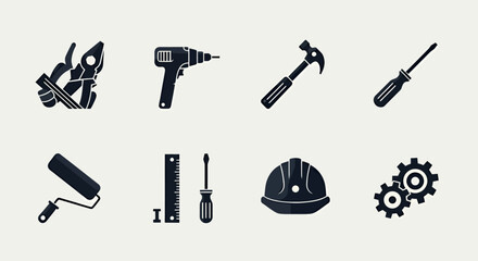 Obraz premium A comprehensive collection of essential construction and repair tools is presented as clean, isolated vector icons on a light, neutral background.