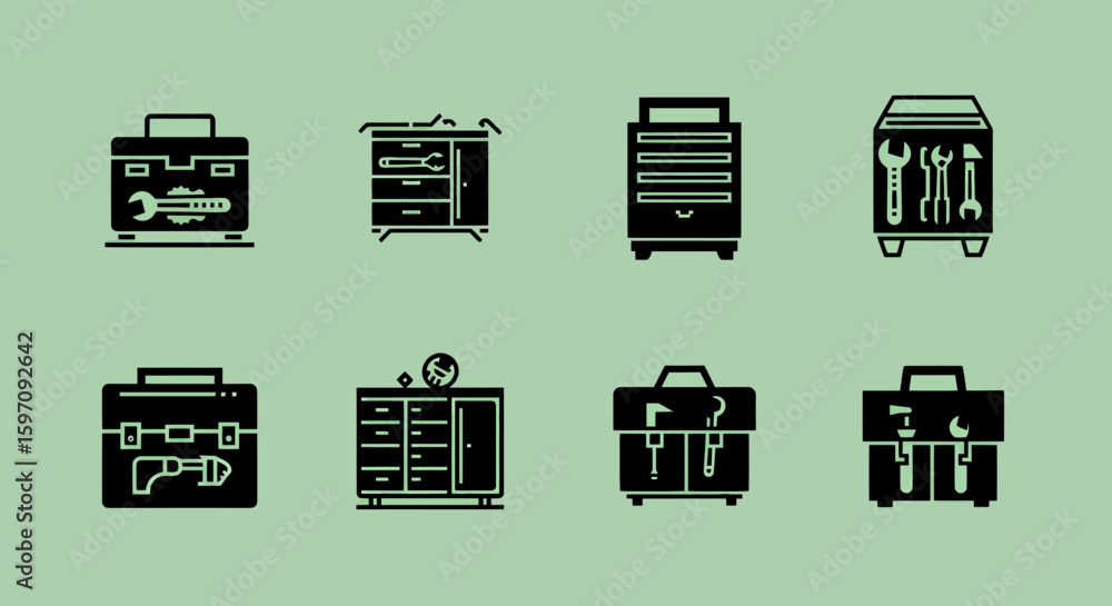 Poster collection of flat design icons representing toolboxes and tool chests filled with various wrenches 