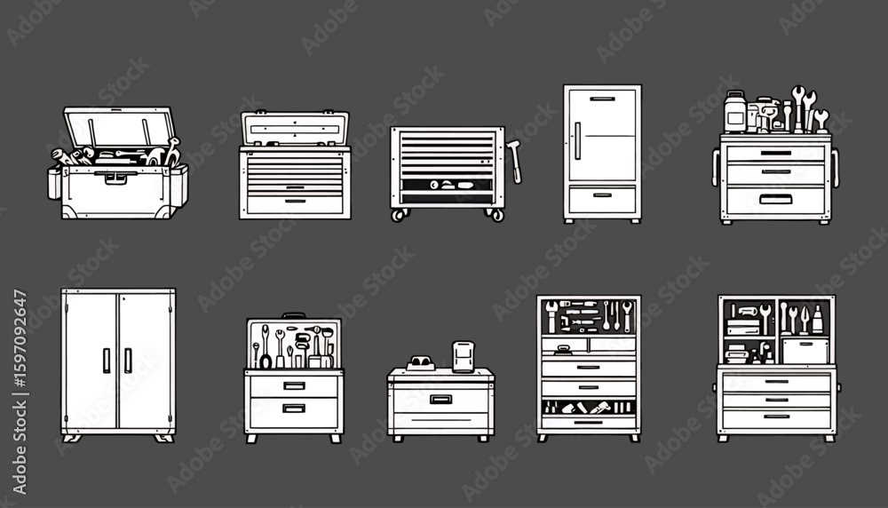 Poster a collection of monochromatic pixel art toolboxes and workshop storage units, featuring various open