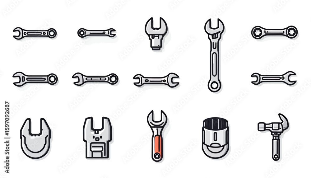 Poster a collection of various vector wrenches, illustrating different sizes and styles, ideal for illustra