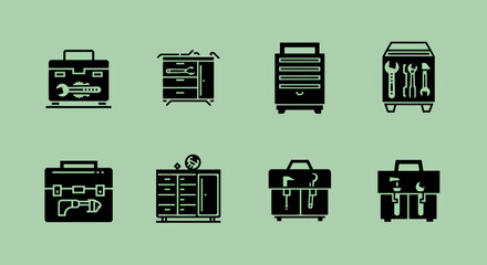 Collection of flat design icons representing toolboxes and tool chests filled with various wrenches and equipment on a light green background.
