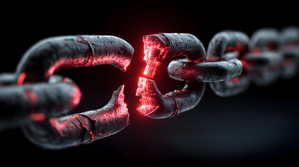 A conceptual image of a data breach.	An abstract image of a strong, digital chain with one link broken, allowing glowing red data particles to leak out, symbolizing a security breach.
