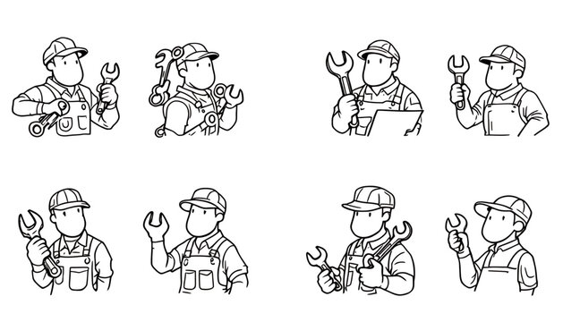 Set of eight vector illustrations of mechanics holding wrenches, perfect for repair, maintenance, or DIY projects, suitable for websites, apps, and marketing materials needing a handyman or