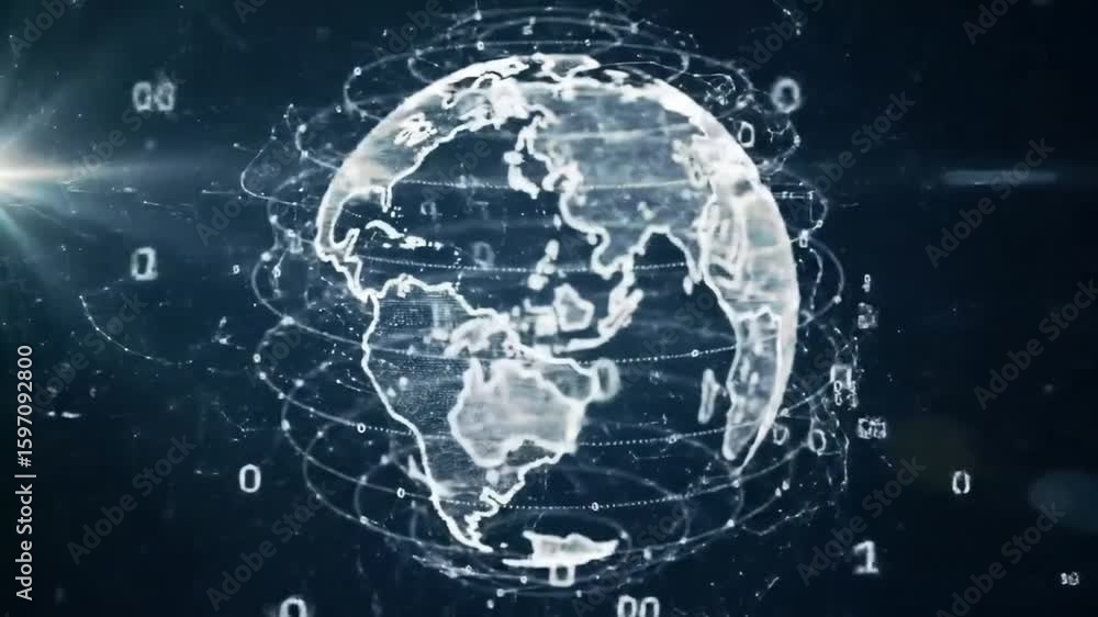 Poster luminous digital earth hologram encircled by glowing data streams in deep space.