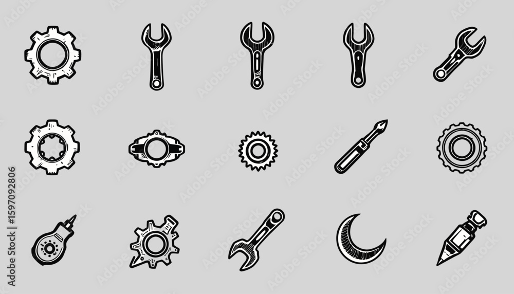 Poster a collection of stylized vector icons representing mechanical tools and components, including wrench