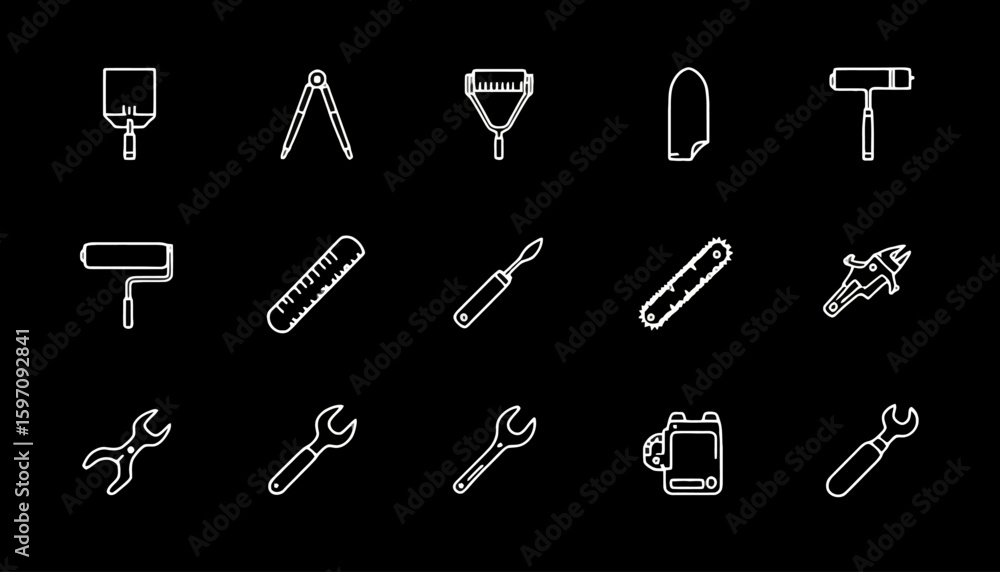 Poster a clean vector graphic collection featuring various hand tools and instruments in a simple outline s