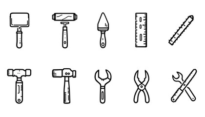 Clean vector icons illustrating a variety of essential hand tools such as wrenches, hammers, and measuring devices, perfect for design projects.