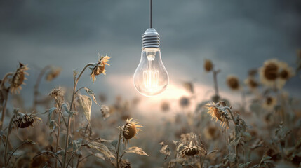 Glowing lightbulb illuminates field of sunflowers under moody sky, creating serene atmosphere. wilting sunflowers, symbolizing renewable energy urgency