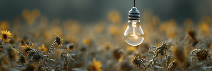 Glowing lightbulb hangs above field of sunflowers, creating magical atmosphere. wilting sunflowers, symbolizing renewable energy urgency