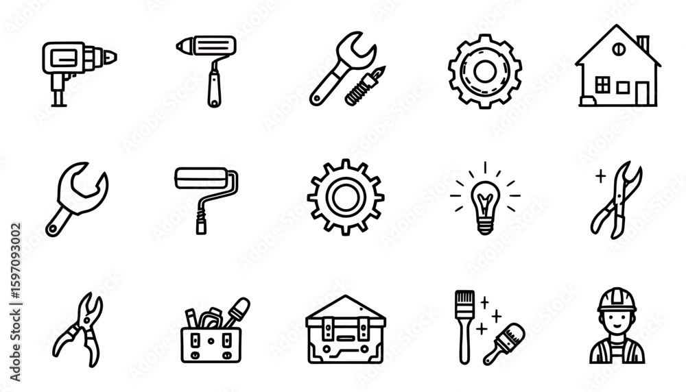 Poster a minimalist vector illustration presents a collection of maintenance and construction tools, showca