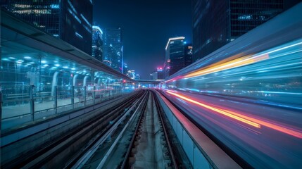 Fototapeta premium Fast modern train night cityscape