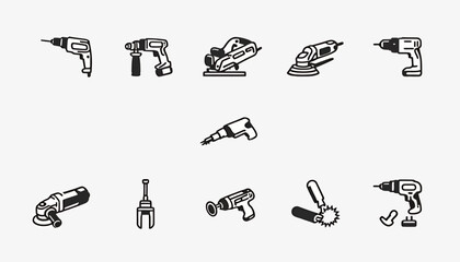 Collection of simple vector icons representing various power tools, including drills, grinders, and sanders, perfect for construction and DIY themes.