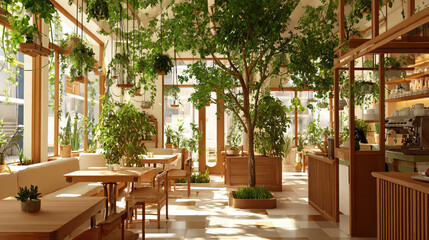 Fototapeta premium Outdoor City Cafe and Restaurant with Garden Terrace in Barcelona