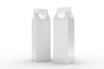 3D Blank white milk, juice or beverage carton product packaging with lid mockup isolated on background. Empty container perfect for branding presentations, ads, fruit milk, flavoured or refreshments