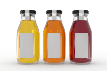 Glass Bottle and Label Mockup on isolated background. Empty template for design branding beverages assortment, soft drink, energy drink, juice, iced soda, fruit milk, flavoured fizzy or refreshments