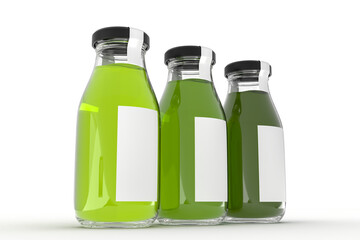 Glass Bottle and Label Mockup on isolated background. Empty template for design branding beverages assortment, soft drink, energy drink, juice, iced soda, fruit milk, flavoured fizzy or refreshments