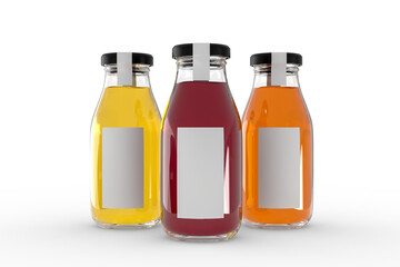 Glass Bottle and Label Mockup on isolated background. Empty template for design branding beverages assortment, soft drink, energy drink, juice, iced soda, fruit milk, flavoured fizzy or refreshments