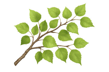Botanical artwork depicting birch branch with verdant foliage, rendered against transparent backdrop