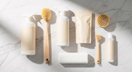 Eco-friendly cleaning products and tools arranged on a marble surface for a modern cleaning concept