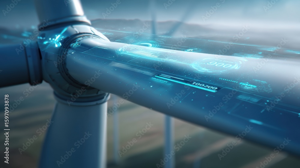 Poster closeup view of the rotating blades of a wind turbine harnessing the power of the wind to generate c