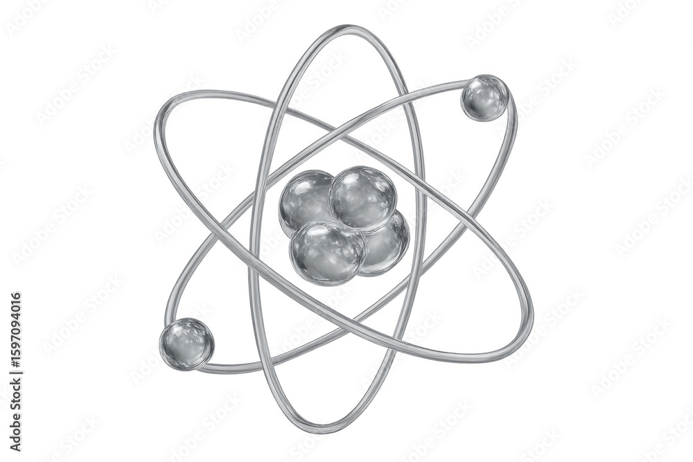 Poster glowing electrons rotating around atomic nucleus, representing quantum physics principles on transpa