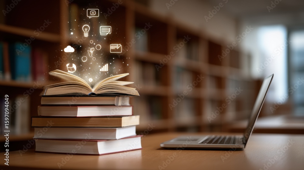 Poster a stack of books and a laptop on a desk surrounded by icons representing the various elements of edu