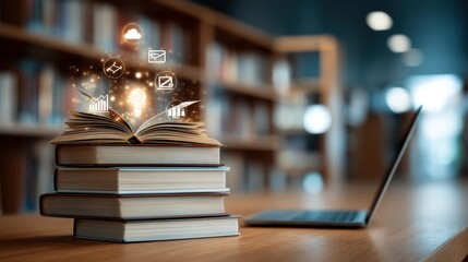 A cozy and inviting library workspace with a stack of books and a laptop surrounded by bookshelves and a softly lit atmosphere suggesting a scholarly and contemplative environment