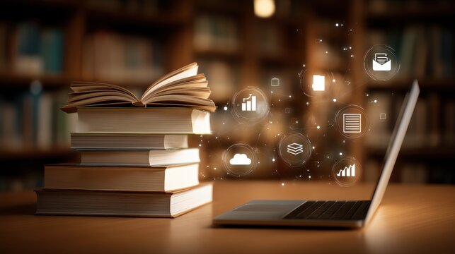 A cozy and focused workspace with stacks of books an open laptop and glowing icons symbolizing the pursuit of knowledge learning and academic research - Powered by Adobe