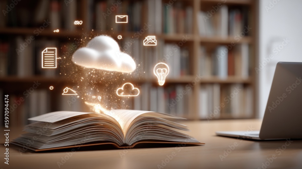 Poster an open book a laptop and various digital icons representing cloud computing websites