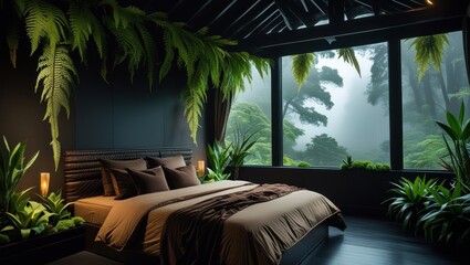 Fototapeta premium Tropical bedroom with a view of a misty forest.