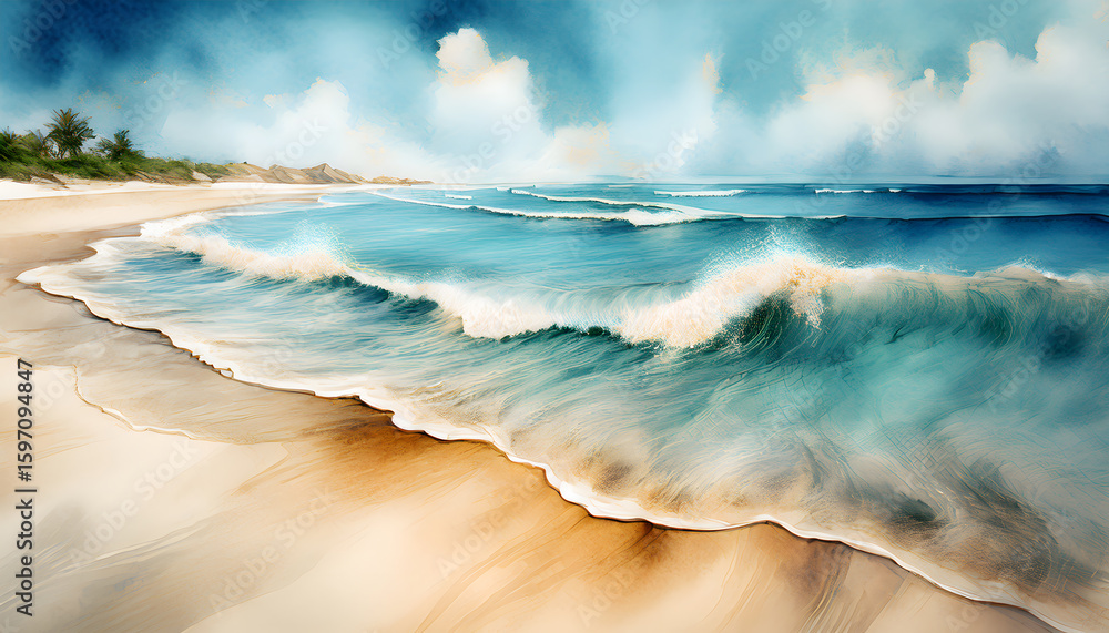 Poster a serene beach scene with gentle turquoise waves lapping against a sandy shore under a partly cloudy