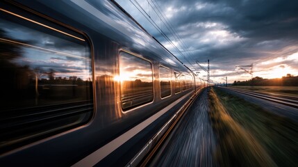 Fototapeta premium A high speed train blurring past as it rushes through the rural landscape the reflecting the vibrant hues of the setting sun in the distance