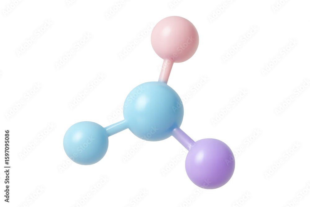Poster 3d rendering of a molecule structure with pastel colored spheres and connections on a transparent ba