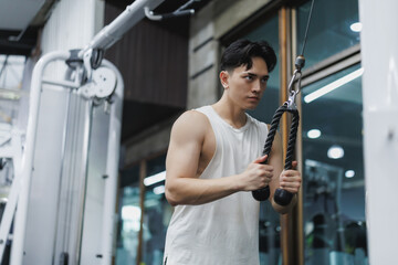 Determined asian athlete performing cable triceps pushdown exercise in gym
