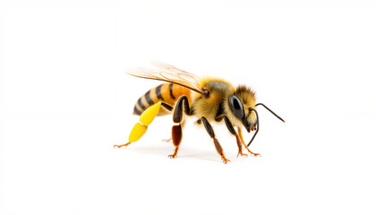 Honey bee close-up on white background with detailed features  