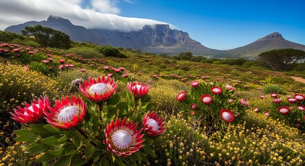 Fototapeta premium Protea flowers in bloom with table mountain in the background on a sunny day