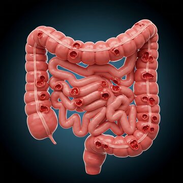  A human colon with numerous inflamed and bleeding ulcers, symbolizing severe ulcerative colitis