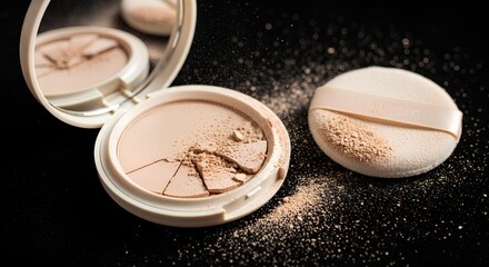 Close up of broken face powder compact with applicator on a black surface