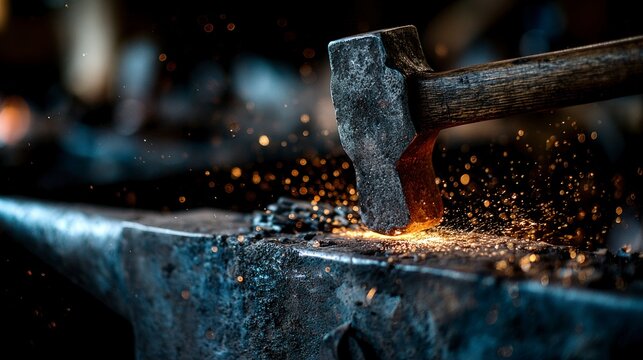 Hammer striking hot metal on anvil