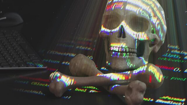 Skull with Code Representing Hacker Online Piracy Cybercrime hackathon - looping 3D animation coding