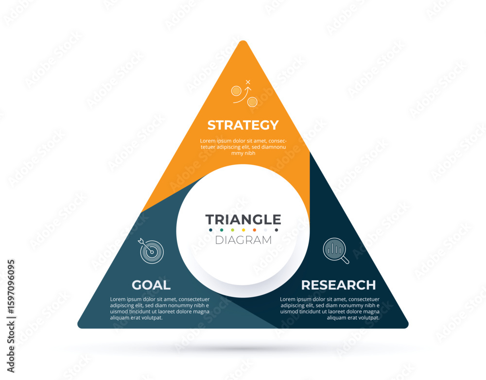 Poster triangle infographic 3 way chart. diagram information label with 3 option